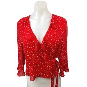 Bardot Red Polka Dots Ruffle V-neck Tie Waist 3/4 Sleeve Wrap Blouse Top Size L